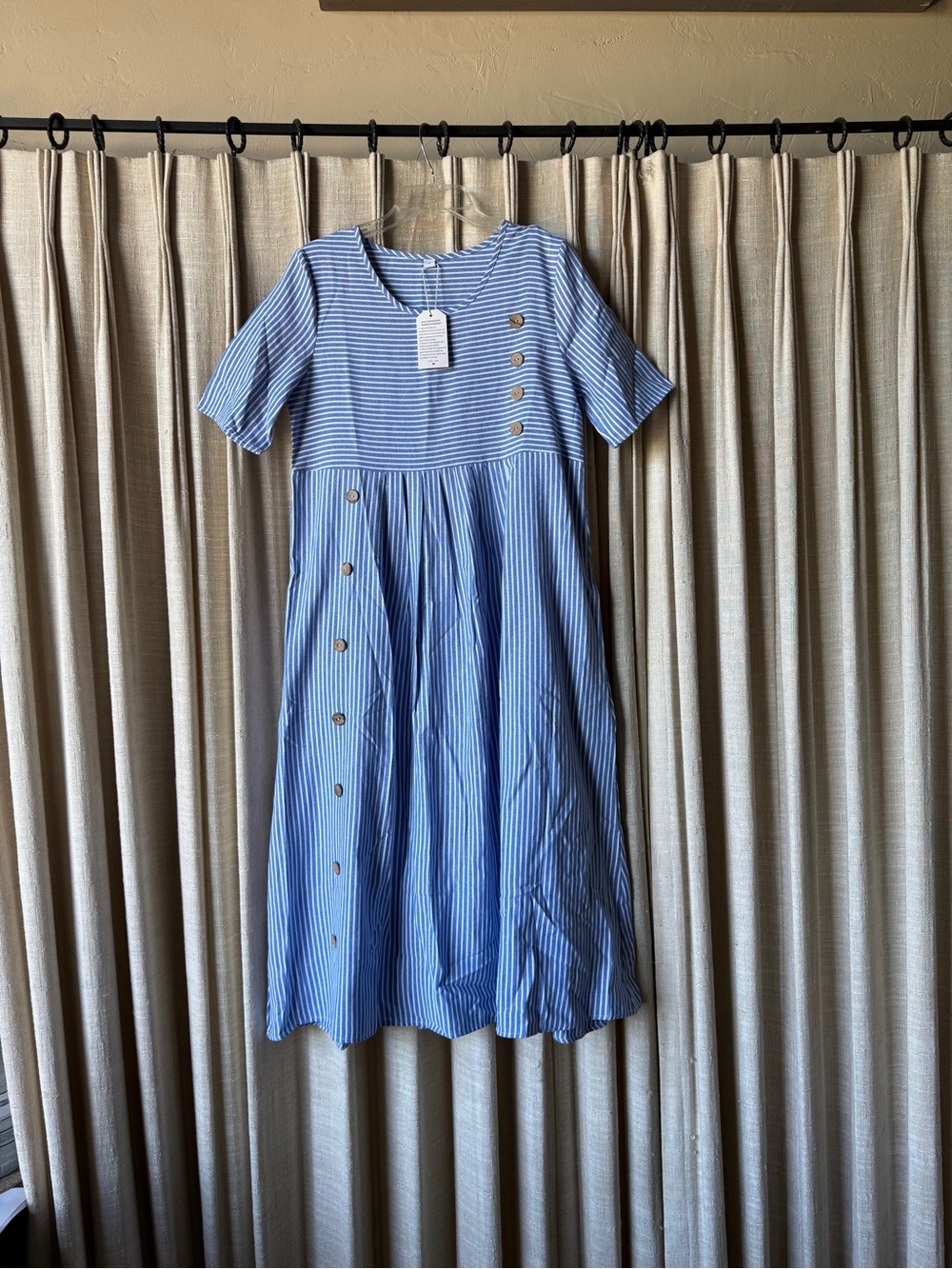 Blue & White Striped Midi Dress with Side Buttons